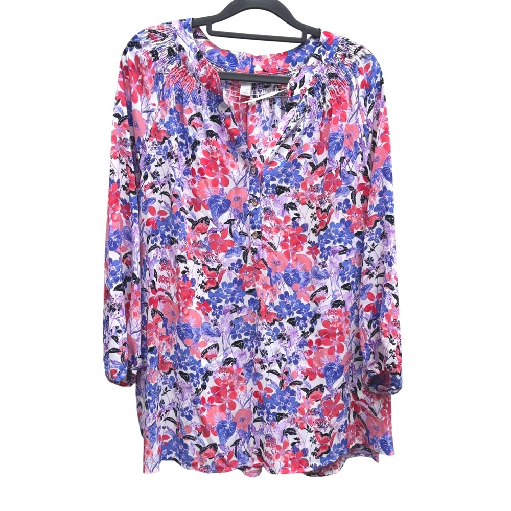 Charter Club Floral Butterfly Smocked Blouse Pink Blue Size L 3/4 Sleeve Top - Picture 2 of 7